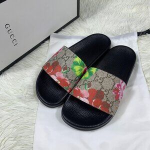 NWT$495 Gucci GG Blooms Supreme Canvas Slides Slip-on Sandals Sz 35G, US 5-5.5